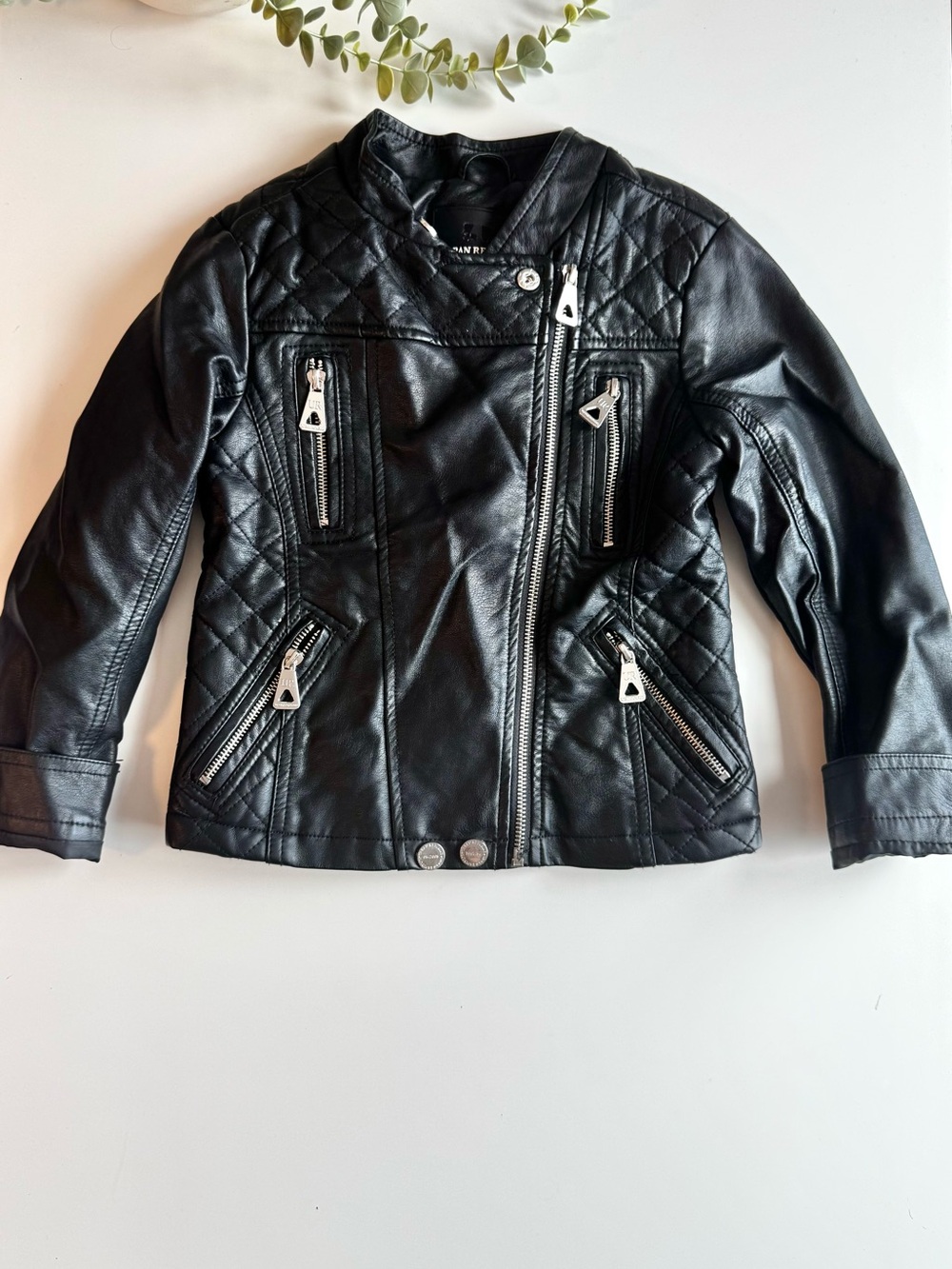 Urban Republic Girls Black Faux Leather Moto Jacket Size 5/6 Quilted Biker Coat